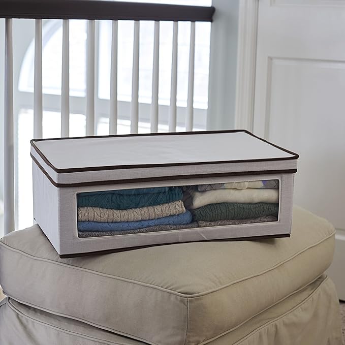 Household Essentials 514 Vision Storage Box - Natural Canvas with Brown Trim - Large