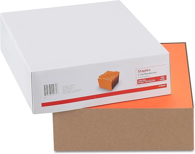 Staples Reinforced Colored File Folders, Letter Size, 3‑Tab Design, Orange, Heavy‑Duty Construction, 100/Box