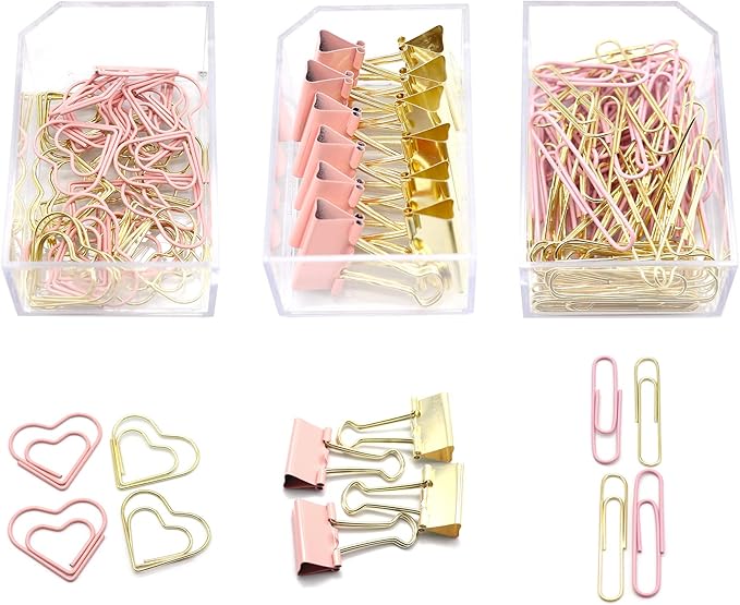 Gold Pink Binder Clips and Paper Clips Set (3-in-1 Boxed), for Office School Supplies Teachers Classroom Daily use