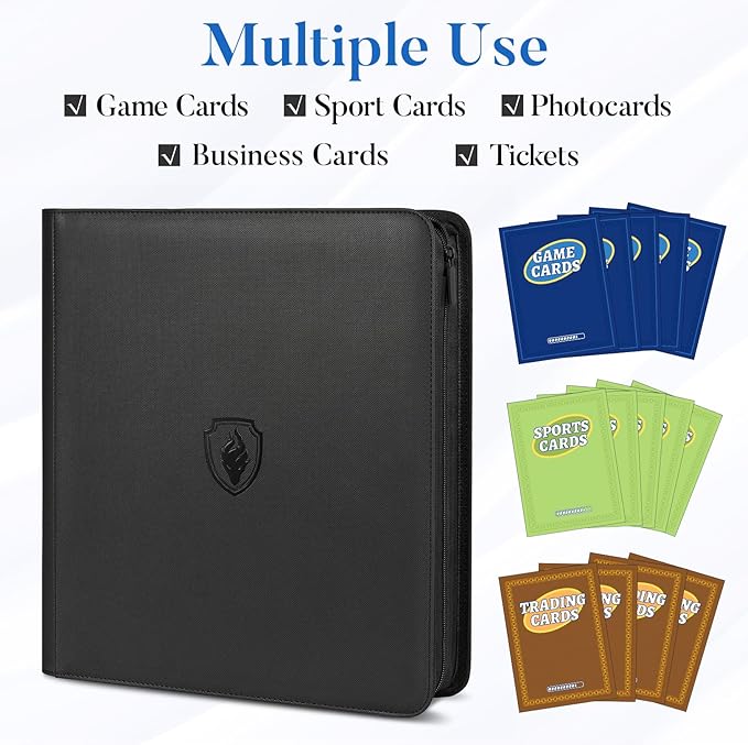 Premium Zip Card Binder 12 Pocket, Fabmaker 912 Pockets Trading Card Binder, PU Zipper Card Collection Album, Sturdy Side-Loading Card Book Holder for Game & Sports Cards, Green