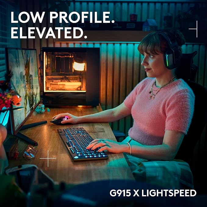 Logitech G915 X Lightspeed Low-Profile Wireless Gaming Keyboard, Double-Shot PBT Keycaps, Fully Programmable Keys, RGB Backlighting, Sleek Aluminum Finishing, GL Red Linear Switches - PC/Mac - Black