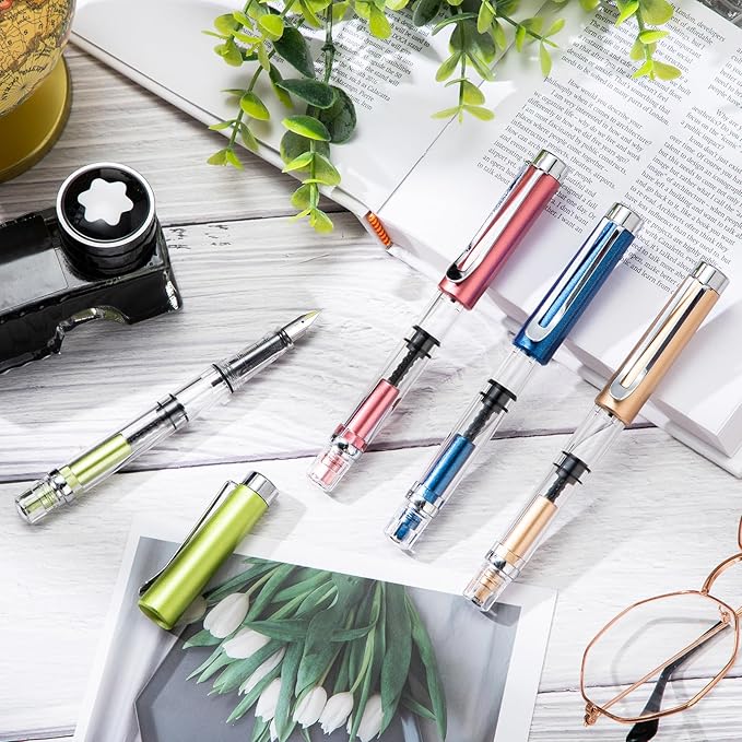 Epakh 4 Pieces Refillable Fountain Pen Transparent Piston Pen Extra Fine Filling Fountain Stationery for Calligraphy Painting, Drawing, School, Scrapbook and Sketch Signature