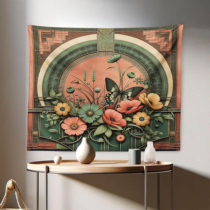 Ambesonne Boho Tapestry, Traditional Japanese Ornaments with Floral Balcony with Butterfly Spring, Fabric Wall Hanging Decor for Bedroom Living Room Dorm, 28" X 23", Dark Salmon Laurel Green
