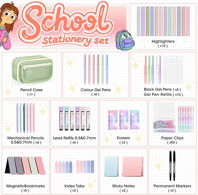 110 PCS Aesthetic School Supplies with Pen Case,12 Pastel Highlighters,5 Black Ink Gel Pens, 6 Mechanical Pencils 0.5 & 0.7mm and So on for Students Stationary College Essentials (Green)