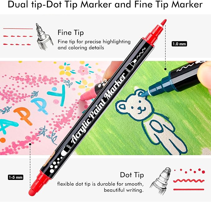Shuttle Art 36 Colors Dual Tip Acrylic Paint Markers, Dot Tip and Fine Tip Acrylic Paint Pens for Rock, Ceramic, Wood, Canvas, Plastic, Glass, Stone, Calligraphy, Card Making, Crafts & Nail Art