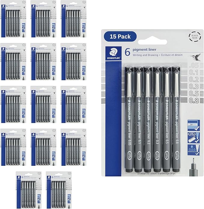 STAEDTLER Pigment Liner 15-Pack (15 sets of 6 pcs), Black, 6 Pens, Assorted Line Widths, 0.05mm, 0.1mm, 0.2mm, 0.3mm, 0.5mm, 0.8mm, 90 Count