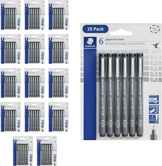 STAEDTLER Pigment Liner 15-Pack (15 sets of 6 pcs), Black, 6 Pens, Assorted Line Widths, 0.05mm, 0.1mm, 0.2mm, 0.3mm, 0.5mm, 0.8mm, 90 Count