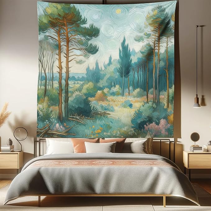 Ambesonne Forest Tapestry Queen Size, Trees Bushes Sky with Dramatic Brush Stroke Effects Post-Impressionism, Wall Hanging Bedspread Bed Cover Wall Decor, 88" X 88", Cadet Blue Green Amber
