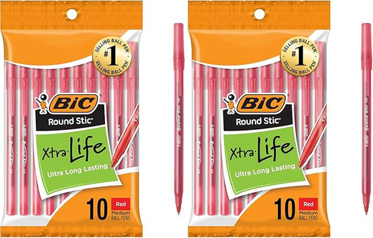 BIC Round Stic Xtra Life Ballpoint Pen, Medium Point (1.0mm), Red, 10-Count (Pack of 2)
