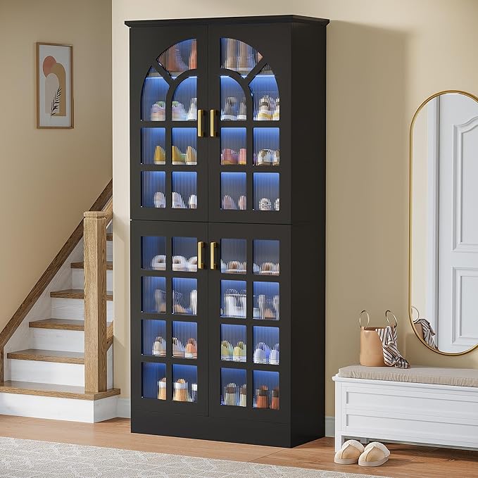 Tribesigns 69" Tall Shoe Cabinet with Doors and Led Light, 8-Tier Wooden Shoe Rack Organizer with Adjustable Shelves, Narrow Shoe Storage Cabinet for Entryway, Hallway, Living Room, Black (Set of 2)