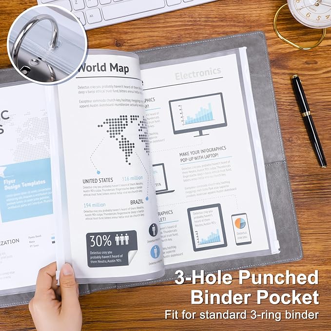 Antner 20pcs Letter Size Binder Pockets for 3 Ring Binder, White Zipper Document Organizer Pouches Heavyweight PVC 3-Hole Loose Leaf File Folders Page Sheet Protectors Side-Loading for Home Office