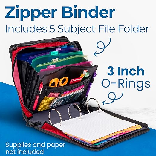 Case-it Mighty Zip Tab School Zipper Binder | 3-Inch O-Rings, 600-Sheet Capacity, 5-Subject Expanding File Folder, Multiple Pockets & Storage Organizer, Shoulder Strap | D-146 Unicorn Magic