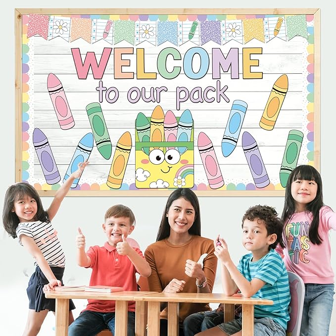 Pastel Welcome to Our Pack Bulletin Board Decoration Crayons Back to School Board Set Notebook Crayon Theme Paper Cutouts Welcome Classroom Supplies for School Office Chalkboard Walls Door Decor