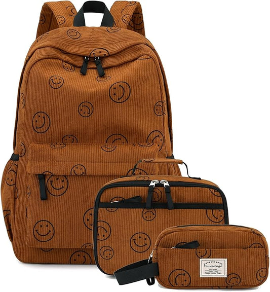 Backpack for Girls Boy Teen Corduroy Bookbags Elementary Middle High School Women Laptop Bag with Lunch Box Pencil Bag (Smile Brown)