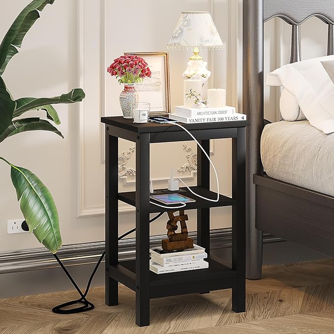 VECELO Modern Nightstands with Charging Station,Side End Table Night Stand with Storage Shelf for Small Spaces, Bedroom,Living Room