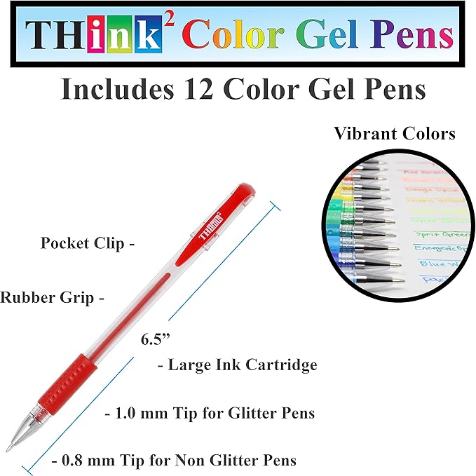 [24 Pack] Think2 Pens & Markers Supply Kit. Includes 3 Highlighter, 4 Permanent Markers, 2 Dry Erase Markers, 12 Color Gel Pens and 3 Retractable gel pens Supplies