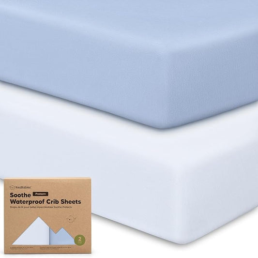 2-Pack Waterproof Crib Sheets for Boys, Girls - 52x28 Fitted Organic Cotton Baby Crib Sheets, Toddler Mattress Protector Cover, Washable, Soft & Durable Baby Bedding Essentials (Blue Flax)