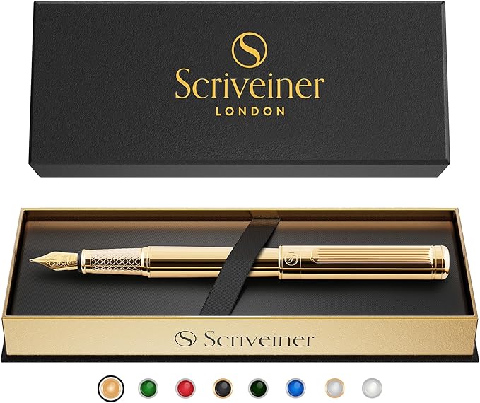 Scriveiner Luxury Fountain Pen - Stunning Luxury Pen, Real Gold Finish, Schmidt Gilded Nib (Fine), Converter, Best Pen Gift Set for Men & Women, Professional, Executive, Office, Nice Pens