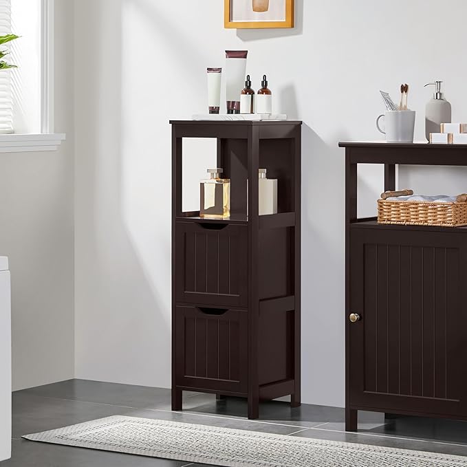 Yaheetech Bathroom Floor Cabinet, Wooden Storage Cabinet with 2 Drawers and 1 Shelf, Multifunctional Side Organizer Rack Stand Table, D11.8xW11.8xH35 Inches Espresso