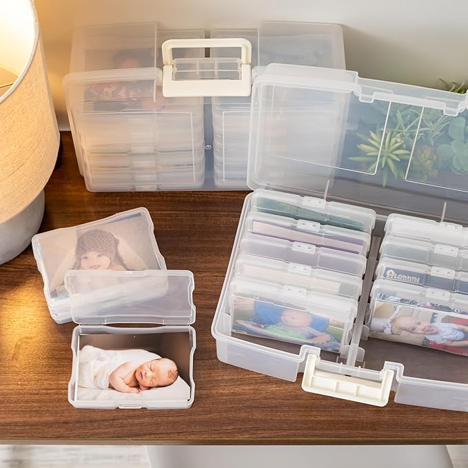 IRIS USA 4" x 6" Photo Storage Box Craft Keeper, 2-Pack, Transparent Handle Container with 12 Organization Holder Cases for Pictures, Tasks, Scrapbooking, Ephemera, Stationery Storage, Clear