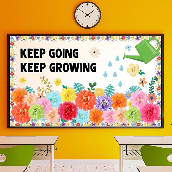 3D Pom Wildflowers Bulletin Board Decorations Set Paper Flowers Bulletin Board Decor Keep Going Keep Growing Decor Floral Blackboard Border Sunflower Cutout for Back to School Classroom Wall Decor