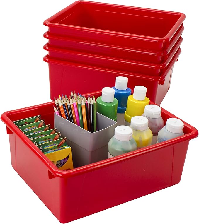 Storex Letter Size Deep Storage Tray – Organizer Bin with Non-Snap Lid for Classroom, Office and Home, Red, 5-Pack (62545A05C)