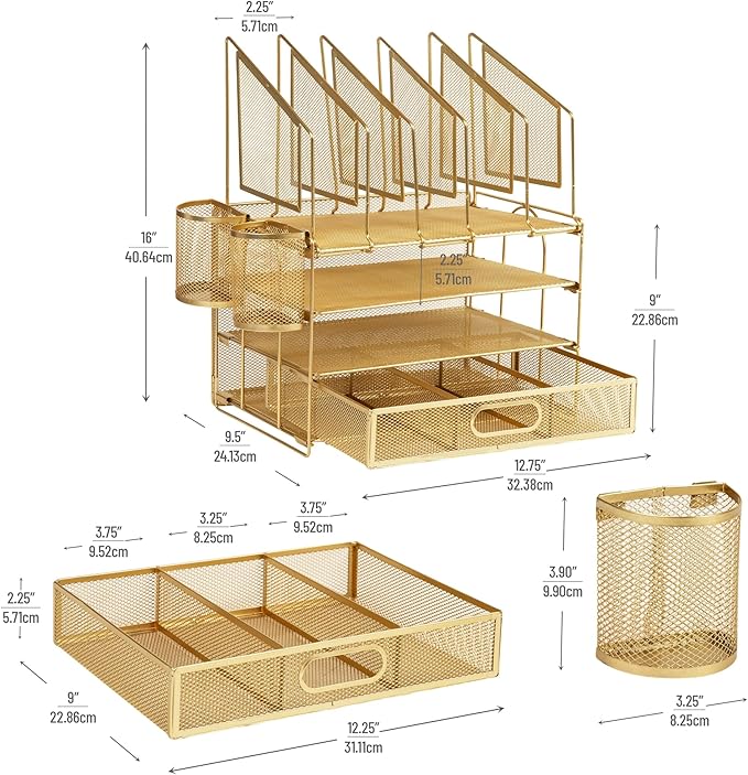 Office Depot® Brand Mesh Desk Organizer With Vertical Storage And Pen Holders, 16" H x 12-3/4"W x 9-1/2"D, Gold
