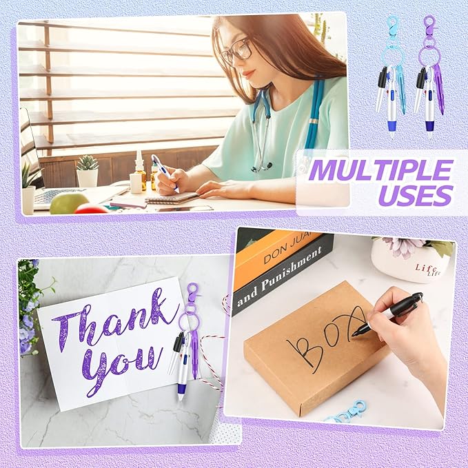 Sabary Mini Highlighter Nurse Pen Pack Set Nurse Pens for Badge Include Pink and Purple Tip Highlighter 2 Permanent Marker and 2 Retractable Ball with 2 Keychain Clip(Blue, Purple)