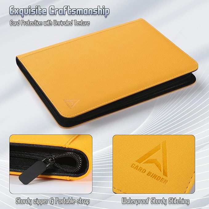 9 Pocket Card Binder - 540 Capacity with Zip Closure Premium, Double-Sided,Sturdy & Sleek PU Leather Protector for MTG, TCG, Sport & Collectible Cards (Yellow)