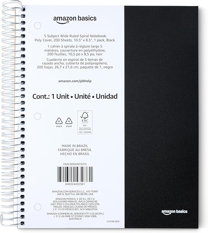 Amazon Basics Wide Ruled Spiral Notebook, Poly Cover, 5 Subject, For Work and School, 200 Sheets, 8.5" x 10.5", Black, 1-Pack