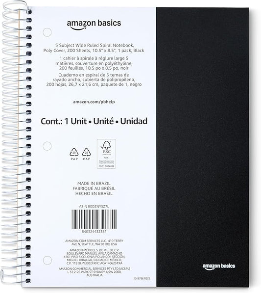 Amazon Basics Wide Ruled Spiral Notebook, Poly Cover, 5 Subject, For Work and School, 200 Sheets, 8.5" x 10.5", Black, 1-Pack