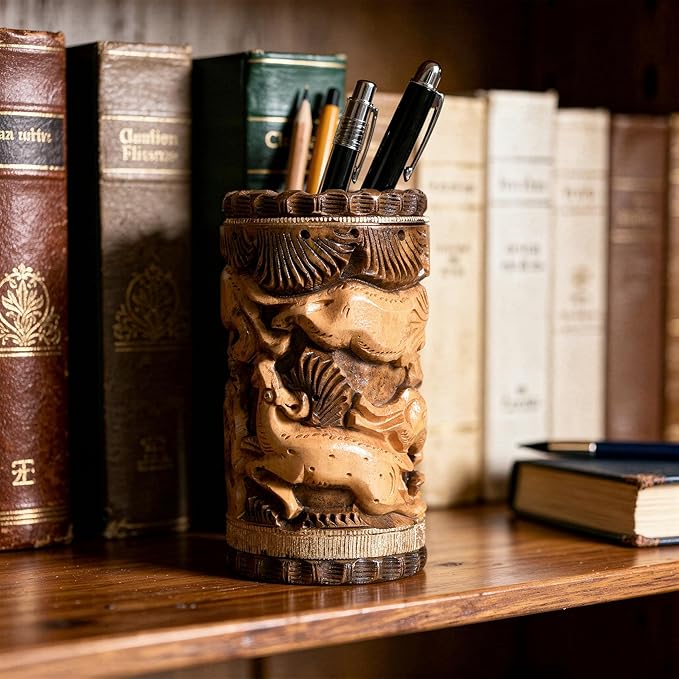 Craft Trade Hand Carved Wood Pen Holder for Desk Organizer for Home School Office Supplies Pencil Cup Pot Storage Box Suitable for Stationery - Wooden