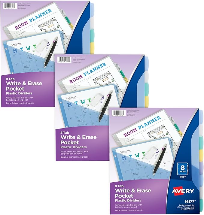Avery Write & Erase Pocket Plastic Dividers for 3 Ring Binders, 8 Tab Sets, Multicolor, Works with Sheet Protectors (31701) (Pack of 24)