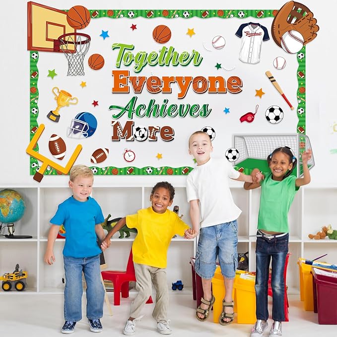 Pasimy Sports Bulletin Board Decorations Back to School Classroom Decor Basketball Soccer Football Baseball Cutouts Sports Bulletin Borders Motivational Decor for Summer Home Office Wall Door Supplies