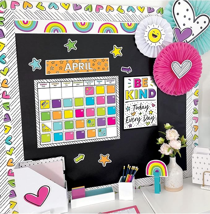 Carson Dellosa Kind Vibes 129 pc Set Wall Calendar, Monthly Headers, Birthdays, Holidays, Number Cover Ups, Motivational Poster, Star Cutouts, and More for Bulletin Board and Classroom Decor