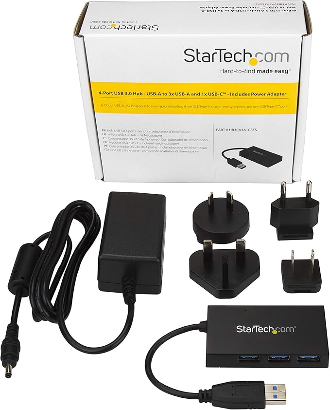 StarTech.com 4 Port USB 3.0 Hub - USB Type-A Hub with 1x USB-C & 3x USB-A (SuperSpeed) - USB Bus or Self-Powered - Portable USB 3.0 (5Gbps) BC 1.2 Charging Hub w/ Power Adapter , TAA (HB30A3A1CSFS)