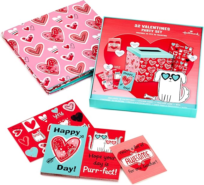 Hallmark Valentines Day Cards and Mailbox for Kids School Classroom Exchange, Doodle Hearts (1 Box, 32 Valentine Cards, 35 Stickers, 1 Teacher Card)