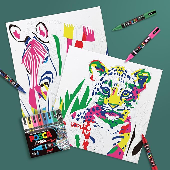 POSCA Canvas Paint by Number Kit, Rainbow Safari - 8 Markers with 2 Pre-Drawn Canvases - For All Artists and Holiday Gifting