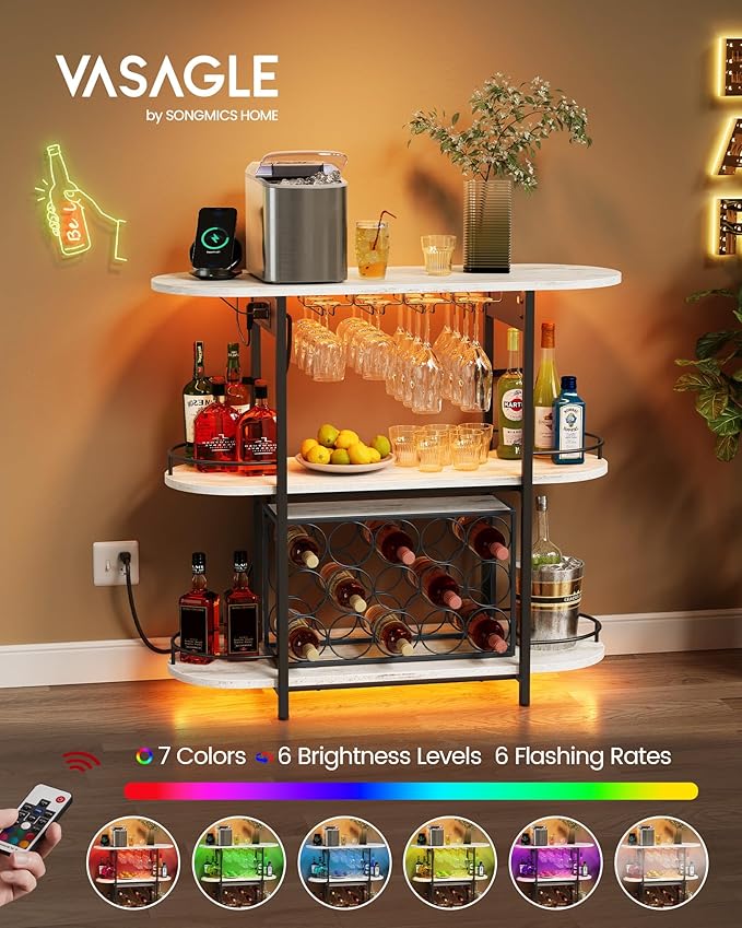VASAGLE Bar Cabinets for Home, LED Coffee Bar with Power Outlets, Home Mini Bar for Liquor, Freestanding Wine Rack with Glass Holder, Kitchen, Dining Room, Rustic White ULWR007W01