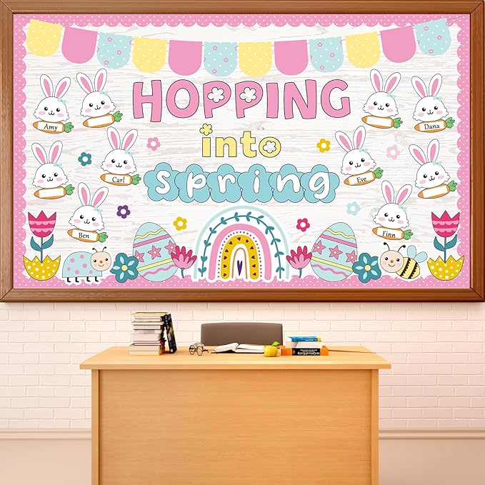Easter Bunny Bulletin Board Set Hopping Into Spring Classroom Decor Easter Egg Flowers Rainbow Writable Rabbit Cutouts April Bulletin Board for Back to School Party Home Office Chalkboard Wall Decor
