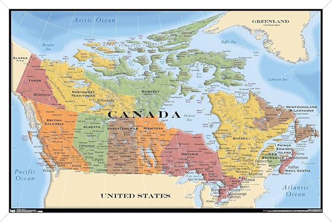 Map - Canada Wall Poster, 34L" x 22.4W", White Framed Version