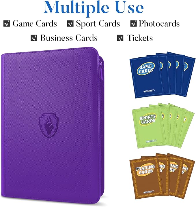 Premium Zip Card Binder, Fabmaker 9 Pocket Trading Card Binder, PU Cover Zipper Card Collection Album, Sturdy 360 Side-Loading Card Folder Holder for Game & Sports Cards, Purple