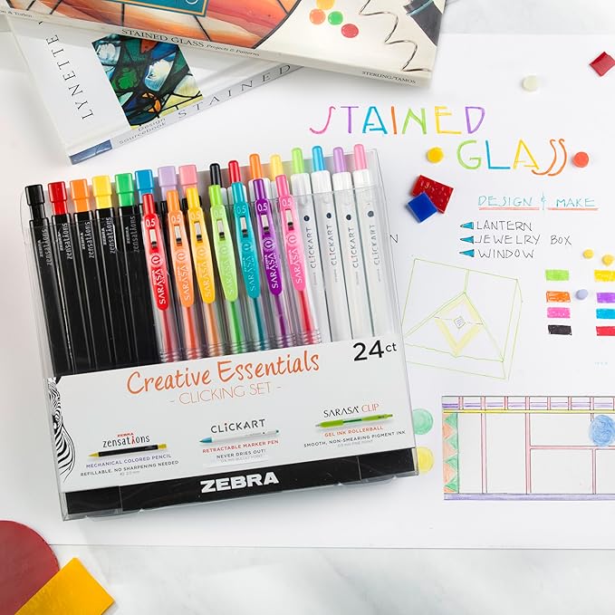 Zebra Pen Creative Essentials Clicking Set 24-Pack, Includes 8 CLiCKART Markers, 8 Colored Pencils and 8 Sarasa Clip Retractable Gel Pens, Assorted Ink Colors, Ideal For Bullet Journaling (76124)