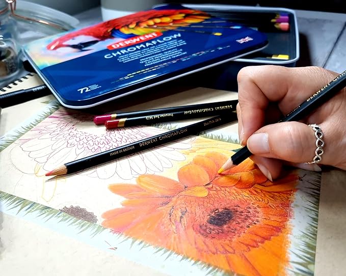 Derwent Chromaflow Colored Pencils Tin, Set of 72, Great for Holiday Gifts, 4mm Wide Core, Multicolor, Smooth Texture, Art Supplies for Drawing, Blending, Sketching, Professional Quality (2306014)