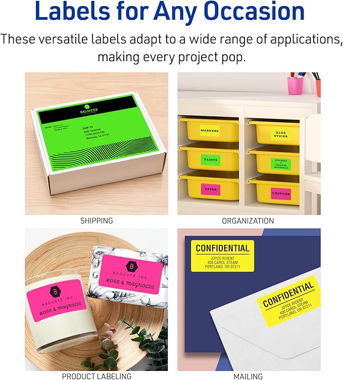 Avery Printable Labels with Sure Feed, 2" x 4", Assorted Neon Colors (Green, Magenta, and Yellow), Removable Adhesive, Laser & Inkjet Compatible, 120 Blank Labels per Pack (5-Pack of 6481)