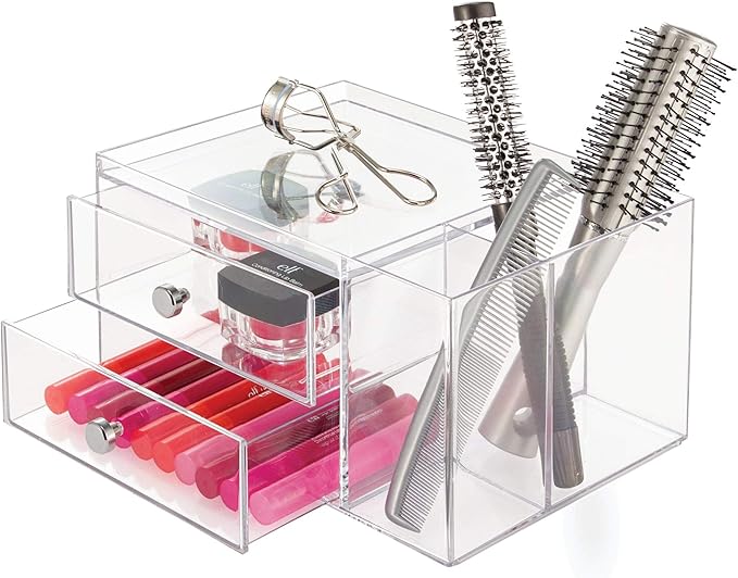 iDesign Plastic Vanity, Compact Storage Set Compartments for Cosmetics, Dental Supplies, Hair Care, Bathroom, Dorm, Desk, Countertop, Office, 6.5" x 6.5" x 6.5", 2 Drawer-Side Organizer