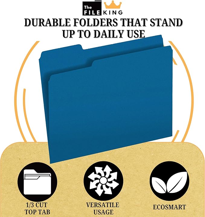 The File King 1/3 Cut Blue File Folders Letter Size - 200 Pack | Colored Manilla Folders 8.5 x 11 | USA Made | Assorted 3 Tab Color Manila File Folder | Heavy Duty Office Supplies | Basic Blue Folder