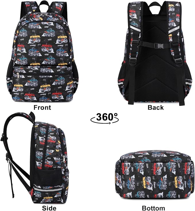 DSIUE School Backpack for Boys, Boys Backpack for Kids Children Teens Elementary Middle School With Lunch Box (Monster truck Black)