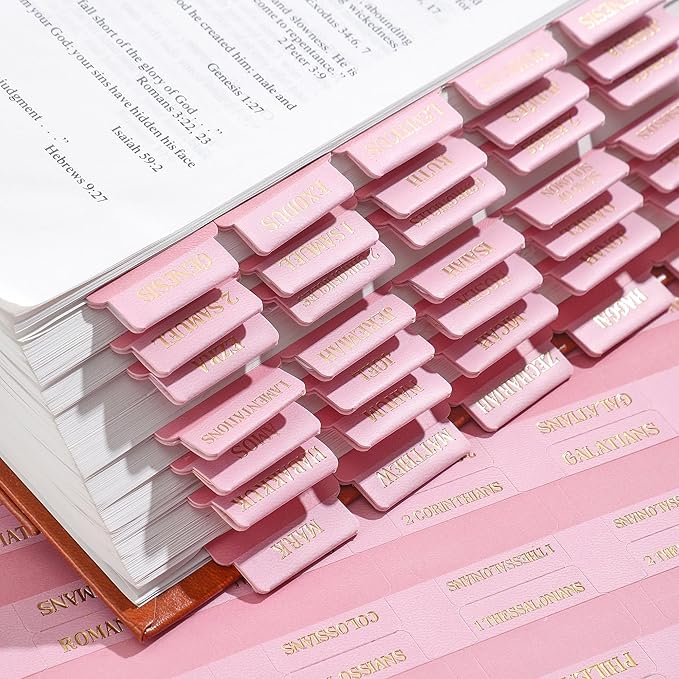Leather Bible Tabs, Bible Tabs for Women and Men(Gold Foil Lettering) Large Print Stickers, Easy to Read and Apply, 66 Chapters & 14 Blank DIY Labels for Easy Navigation, Christian Accessories(Pink)