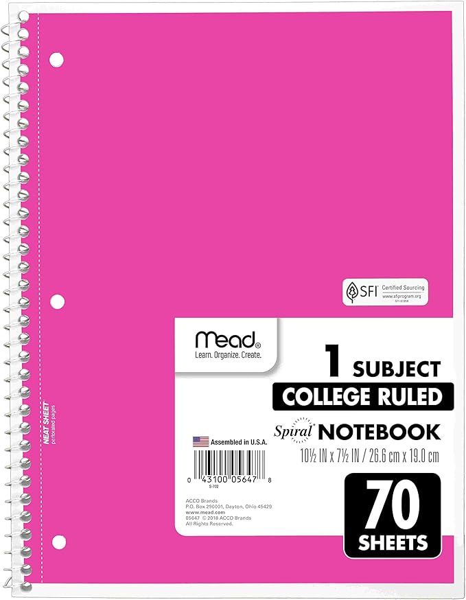Mead Spiral Notebooks, 6 Pack, 1-Subject, College Ruled Paper, 10-1/2" x 8”, 70 Sheets per Notebook, Assorted Colors (73065)…